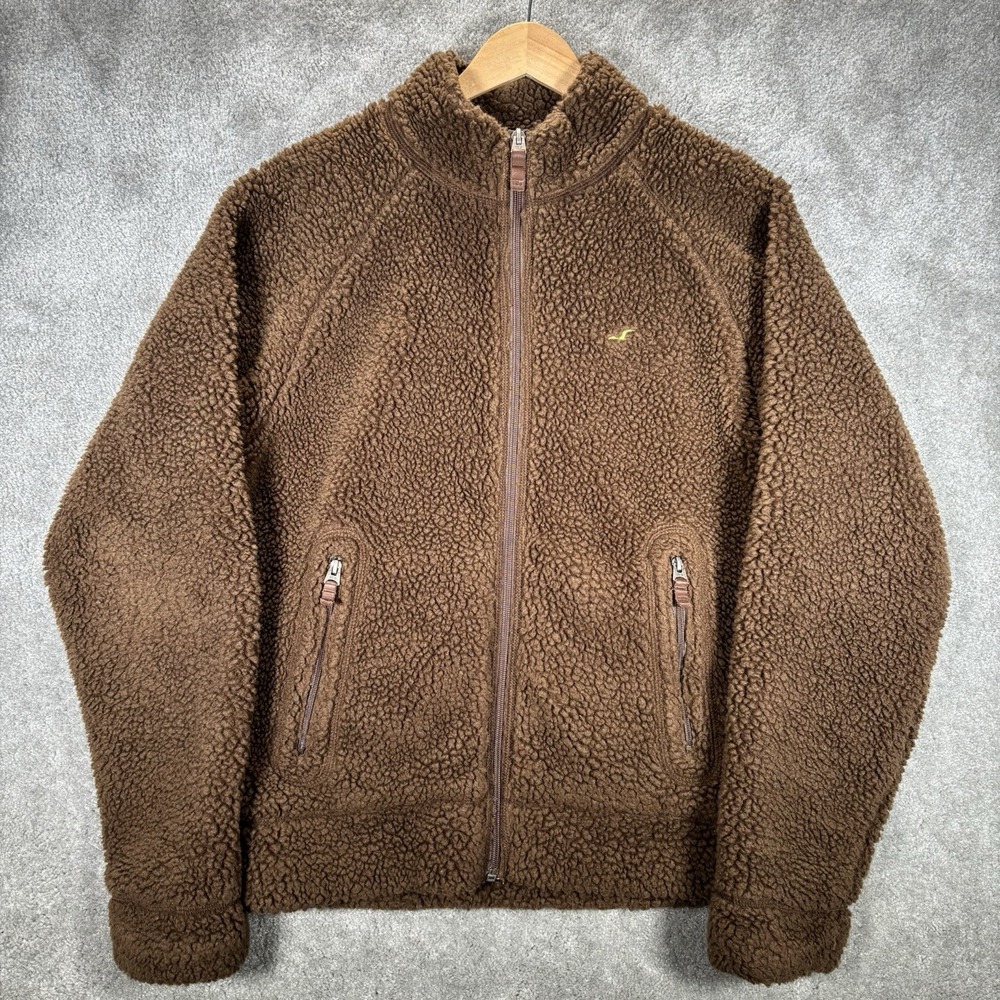 Vintage Hollister Jacket Mens L Brown Sherpa Fleece Full Zip Logo Teddy Y2K